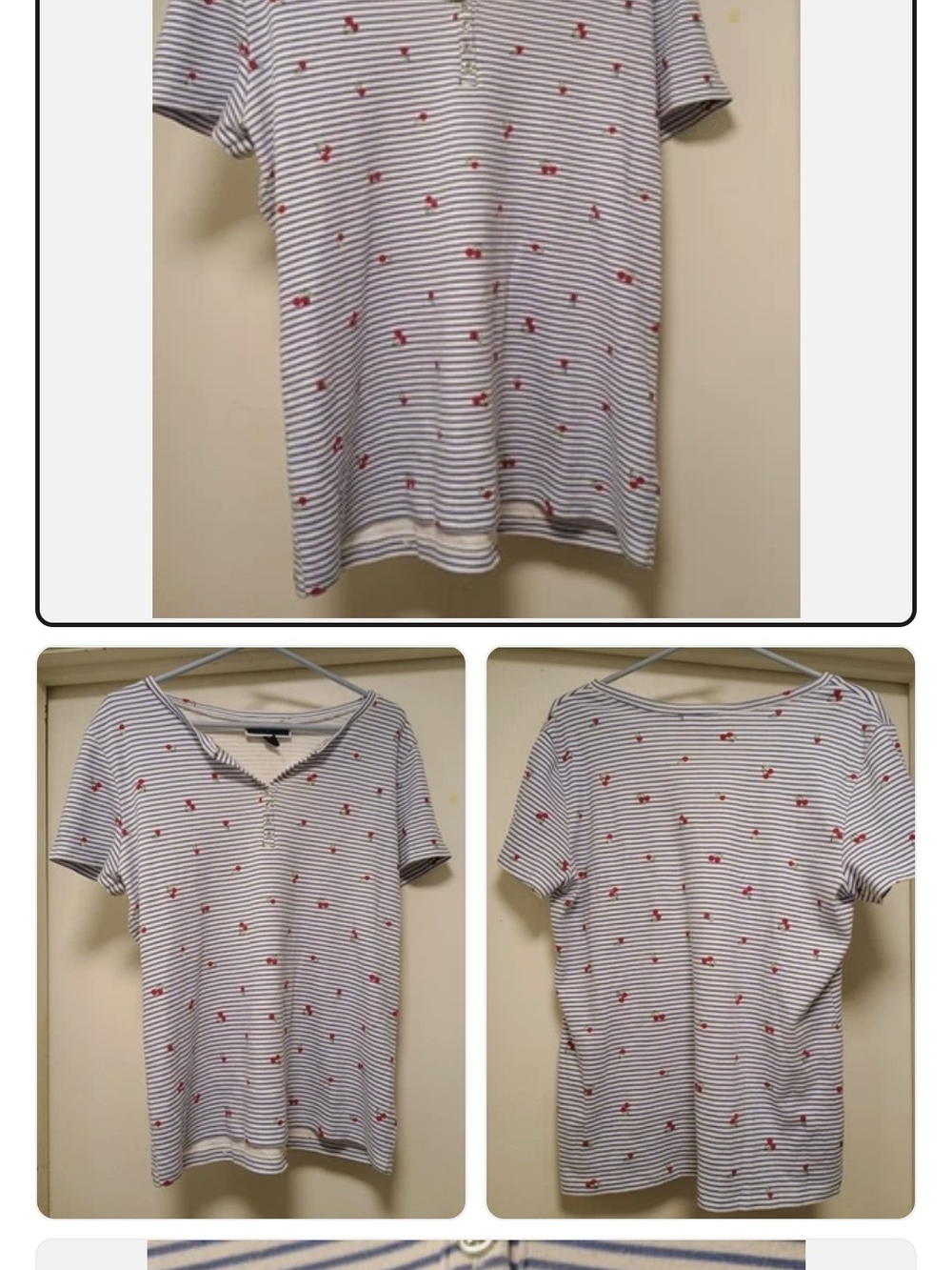 Karen Scott Women's Blue and White Cherry Print Graphic Shirt Top